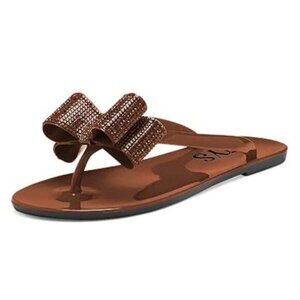 Women Fashion Jelly Thong Flat Sandal Rhinestone Bow Flip Flops Comfortable